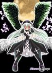  boots dress hairband knee_boots long_hair mabuchoco_m moon red_eyes rozen_maiden silver_hair solo suigintou wings 