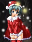  antennae bad_id bad_pixiv_id blush cape christmas cold covering covering_crotch green_eyes green_hair hat no_pants open_mouth panties santa_costume santa_hat short_hair snow solo tears thighhighs touhou translated trembling umekichi underwear white_panties wriggle_nightbug 