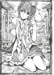  absurdres bad_id bad_pixiv_id barefoot expressionless greyscale hat highres looking_at_viewer monochrome nobita shameimaru_aya short_hair sketch solo touhou traditional_media 