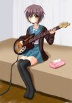  akarin_(sakuraakarin) bass_guitar blush cardigan highres instrument kita_high_school_uniform nagato_yuki school_uniform serafuku short_hair solo suzumiya_haruhi_no_yuuutsu thighhighs tissue_box tissue_princess zettai_ryouiki 