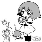  1boy 1girl artist_name blush boots chibi closed_mouth commentary_request contrapposto dress full_body greyscale looking_to_the_side metal_upa monochrome motion_lines nanahou_(togawa_togame) okabe_rintarou science_adventure shiina_mayuri short_hair signature simple_background smug standing steins;gate thick_eyebrows throwing watermark white_background x_x 