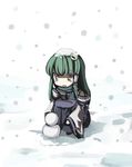  gatau green_hair hair_ornament kochiya_sanae sitting snow snowman solo touhou yellow_eyes 