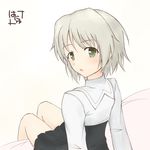  bare_legs bed blush green_eyes hanyu looking_back no_legwear open_mouth sanya_v_litvyak short_hair signature silver_hair simple_background sitting solo strike_witches world_witches_series 