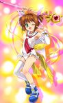  asymmetrical_clothes blush brown_hair cardcaptor_sakura cosplay detached_sleeves green_eyes hair_ribbon highres kinomoto_sakura lyrical_nanoha mahou_shoujo_lyrical_nanoha mahou_shoujo_lyrical_nanoha_a's moetan mutsuki_(moonknives) one-piece_swimsuit one_eye_closed open_mouth parody pastel_ink pastel_ink_(cosplay) raising_heart ribbon school_swimsuit school_uniform single_thighhigh solo staff swimsuit takamachi_nanoha takamachi_nanoha_(cosplay) thighhighs white_school_swimsuit white_swimsuit 