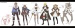  5girls armor artist_request blonde_hair blue_eyes boots brown_eyes brown_hair cravat dress epee everyone feathers fur genderswap genderswap_(ftm) genderswap_(mtf) granado_espada gun hair_over_one_eye handgun highres long_image multiple_girls pantyhose rapier revolver ribbon scarf short_hair sword translated weapon white_hair wide_image 