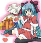  aqua_eyes aqua_hair bad_id bad_pixiv_id christmas detached_sleeves etou_(cherry7) gift hair_ribbon hatsune_miku long_hair ribbon sack santa_costume sitting solo thighhighs twintails very_long_hair vocaloid 