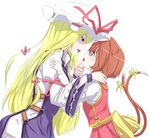  animal_ears blonde_hair chen gustav_(telomere_na) hat imminent_kiss long_hair multiple_girls simple_background tail touhou yakumo_yukari yuri 