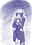  1girl blush coat hug kyon monochrome purple scarf sketch suzumiya_haruhi suzumiya_haruhi_no_yuuutsu yuubararin 