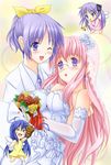  ahoge alternate_hairstyle bad_id bad_pixiv_id blush bouquet bridal_veil bride chibi chocolate_cornet dress elbow_gloves flower food fujimori_mikan glasses gloves hiiragi_kagami hiiragi_tsukasa izumi_konata lucky_star mole mole_under_eye multiple_girls one_eye_closed purple_hair takara_miyuki veil wedding wedding_dress wife_and_wife yuri 