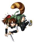  all_fours animal_ears bandages gyoubu_danuki hair_ornament japanese_clothes kenkou_cross knife kunai monster_girl monster_girl_encyclopedia ninja official_art ponytail reverse_grip sandals simple_background solo tail tail_raised tanuki thigh_strap thighhighs weapon white_background 