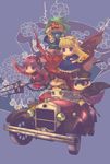  2girls alice_(megami_tensei) bangs belial_(megami_tensei) blonde_hair blue_eyes blunt_bangs car cat chain chibi cloak demon_boy devil_summoner driving floating_hair floral_print flying ground_vehicle hat katana kuzunoha_raidou lantern motor_vehicle mou_shobou multiple_boys multiple_girls narumi_shouhei polearm prehensile_hair pumpkin pyro_jack riding sword trident weapon witch_hat yato_(wind_turbine) 