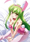  :p animal_ears between_breasts breasts bunny_ears bunny_girl bunny_tail bunnysuit c.c. cleavage code_geass cosplay green_hair izumi_mahiru large_breasts leotard long_hair pantyhose pink_leotard sitting solo tail tongue tongue_out wrist_cuffs yellow_eyes 