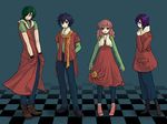  3boys allelujah_haptism ankle_boots boots brown_hair casual checkered checkered_floor coat cochi cropped_jacket dress expressionless feldt_grace flower full_body fur_trim glasses green_hair gundam gundam_00 hands_in_pockets jacket lineup long_hair long_sleeves looking_at_viewer multiple_boys otoko_no_ko overcoat pants perspective pinafore_dress pink_hair purple_hair rose scarf setsuna_f_seiei shirt short_sleeves standing t-shirt tieria_erde 