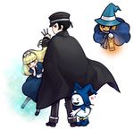  1girl alice_(megami_tensei) bangs blonde_hair blue_dress blunt_bangs cape cloak devil_summoner dress hat jack-o'-lantern jack_frost kuzunoha_raidou lantern long_sleeves looking_at_viewer monster pyro_jack standing tooru white_background witch_hat 