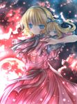  alice_margatroid alternate_color bangs blonde_hair blue_eyes blunt_bangs blush cowboy_shot doll dress fire flame hairband kasuga_sunao looking_at_viewer red_dress shanghai_doll short_hair size_difference smoke solo standing touhou 
