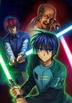  angry antenna_hair bald blue_eyes blue_hair cigarette clannad energy_sword extra furukawa_akio lightsaber male_focus multiple_boys mutsuki_(moonknives) okazaki_tomoya parody red_hair smoking space star star_wars sword weapon yellow_eyes 