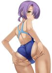  1girl arms_behind_back ass ass_support back bare_arms blue_one-piece_swimsuit blush cafe_stella_to_shinigami_no_chou cameltoe closed_mouth commentary competition_swimsuit cowboy_shot dark-skinned_female dark_skin film_grain from_behind from_below frown furrowed_brow green_eyes hair_over_one_eye hands_on_own_ass highleg highleg_one-piece_swimsuit highres hiuchidani_mei long_bangs looking_at_viewer looking_back official_alternate_costume one-piece_swimsuit one_eye_covered partially_visible_vulva purple_hair racerback short_hair simple_background skindentation solo split_mouth swimsuit symbol-only_commentary tan tanlines tft_(tft7822) white_background 