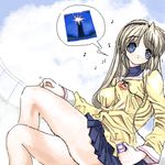  album_cover blue_eyes cellphone clannad cover digital_media_player earphones hairband hikarizaka_private_high_school_uniform ipod long_hair musical_note oekaki phone sakagami_tomoyo school_uniform silver_hair solo toshi_(little-fluffy-cloud) 