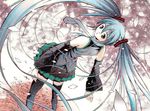  blue_hair cherry_blossoms detached_sleeves hatsune_miku long_hair looking_back moonsorrow necktie skirt solo thighhighs twintails very_long_hair vocaloid zettai_ryouiki 