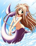  :d breasts brown_hair copyright_request fins floating_hair green_eyes head_fins jewelry long_hair lowleg mermaid monster_girl necklace open_mouth seashell shell shell_bikini small_breasts smile solo v_arms waiai water 
