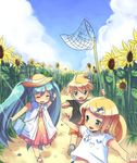  2girls butterfly_net child cloud day flower hand_net hatsune_miku hikari_no kagamine_len kagamine_rin multiple_girls sunflower twintails vocaloid younger 