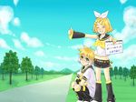  1girl blonde_hair bow brother_and_sister day happy hitchhiking holding holding_sign kagamine_len kagamine_rin midriff notebook ozone road siblings sign sky smile squatting tree twins vocaloid 