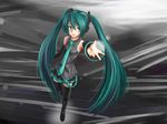  aqua_eyes aqua_hair bad_id bad_pixiv_id detached_sleeves hands hatsune_miku highres long_hair necktie outstretched_arm outstretched_hand reaching skirt solo t@kumi thighhighs twintails very_long_hair vocaloid 