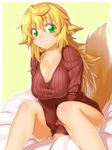  animal_ears blonde_hair blush borrowed_character breasts cleavage fox_ears fox_tail green_eyes highres kaori-san_(angelo) large_breasts long_hair looking_at_viewer onsoku_maru original ribbed_sweater sitting smile solo sweater tail v_arms 