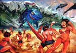  5boys beach bikini bird black_hair cape catsila duck duckling fleeing food headband ice_cream_cone kamina_shades multiple_boys multiple_girls ocean original pointing pointing_forward riding sand_castle sand_sculpture scarf shark sparkle summer sunglasses swimsuit sword swordfish thighhighs tidal_wave water weapon 