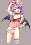  bad_id bad_pixiv_id bare_shoulders camisole collar fangs fingernails grey_background hat highres karasuma_yayoi leg_garter nail_polish no_pants open_mouth panties panty_lift pink_panties pointy_ears purple_hair red_eyes remilia_scarlet sharp_fingernails short_hair simple_background solo tongue tongue_out touhou underwear wedgie 