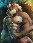  abs ahruon anthro biceps big_muscles black_nose blue_eyes brown_fur brown_hair canine clothed clothing fangs fur grin hair half-dressed looking_at_viewer male mammal manful manly muscles nipples pants pecs pose smile solo standing teeth toned topless wolf 