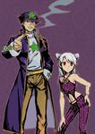  1girl bad_id bad_pixiv_id bare_shoulders black_hair chain cigarette contrapposto cosplay double_bun emiya_kiritsugu fate/zero fate_(series) father_and_daughter hand_on_hip hat highres illyasviel_von_einzbern jojo_no_kimyou_na_bouken kuujou_jolyne kuujou_jolyne_(cosplay) kuujou_joutarou kuujou_joutarou_(cosplay) linjie long_coat long_hair matthew_mercer midriff navel pointing pose red_eyes seiyuu_connection smoking snakeskin_print standing star tattoo 