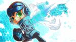  beck_(mighty_no._9) clenched_hand digital_dissolve goggles goggles_on_head green_eyes grin heilos helmet male_focus mighty_no._9 robot smile solo 