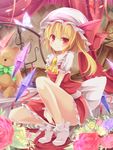  aibumi bad_id bad_pixiv_id blonde_hair bobby_socks bug butterfly flandre_scarlet flower hat highres insect long_hair red_eyes side_ponytail skirt skirt_set smile socks solo squatting stuffed_animal stuffed_toy teddy_bear thighs touhou white_legwear wings 