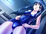  aqua_eyes blue_hair braid breasts dutch_angle game_cg hiiro_yuki indoors light long_hair medium_breasts one-piece_swimsuit open_mouth school_swimsuit school_swimsuit_flap shiny shiny_clothes skin_tight solo swimsuit takaya_minami twin_braids wet wet_clothes wet_swimsuit yuuguu_settai 