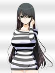  black_hair breasts collarbone curvy dress duplicate durarara!! green_eyes highres huge_breasts impossible_clothes long_hair looking_at_viewer prison_clothes shuz_(dodidu) smile solo striped sweater sweater_dress taut_clothes very_long_hair yagiri_namie 
