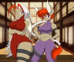  anthro bangs big_breasts big_thighs bodysuit braid breasts brown_fur clothed clothing crossed_arms duo female floppy_ears fur hair hand_on_hip lagomorph long_ears long_hair looking_at_viewer mammal mastergodai multi-colored_hair ninja purple_eyes rabbit red_hair saeko_asakura sibling sister sisters skinsuit small_tail smile standing thick_thighs tight_clothing tsubame_asakura two_tone_hair voluptuous white_hair wide_hips 