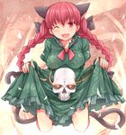  animal_ears braid cat_ears cat_tail dress dress_lift hair_ribbon hasu_(hk_works) kaenbyou_rin kneeling multiple_tails one_eye_closed open_mouth red_eyes red_hair ribbon smile solo tail touhou twin_braids 