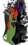  abstract_background anthro bipedal black_scelera black_skin brown_hair ceinios claws digitigrade duo fold_wings green_eyes green_skin grey_skin hair half-closed_eyes horn long_hair magidragon male mist nude plain_background pufflewidget purple_hair red_eyes red_hair soiniec standing toe_claws white_backgroud white_background wings 