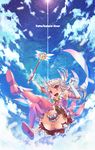  bad_id bad_pixiv_id boots copyright_name fate/kaleid_liner_prisma_illya fate_(series) feathers hair_feathers holding holding_wand illyasviel_von_einzbern kaleidostick long_hair magical_girl odibil panties pink_footwear pink_panties prisma_illya red_eyes silver_hair sky solo thighhighs underwear wand white_hair 