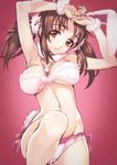  animal_ears armpits arms_up bare_shoulders blush breasts brown_eyes brown_hair bunny_ears cleavage idolmaster idolmaster_cinderella_girls jewelry jpeg_artifacts large_breasts long_hair looking_at_viewer looking_back matsuryuu navel necklace necktie red_background solo totoki_airi twintails underboob 
