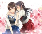  akagi_(kantai_collection) armor brown_eyes brown_hair cherry_blossoms closed_eyes fukusuke_teitoku hug japanese_clothes kaga_(kantai_collection) kantai_collection long_hair multiple_girls muneate one_eye_closed ponytail side_ponytail 