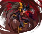  b.i.a black_bodysuit black_cape bodysuit boots cape fighting_stance forte_(rockman) from_above full_body glint gloves grin helmet highres looking_to_the_side male_focus open_mouth red_eyes rockman rockman_exe smile smoke solo standing teeth white_gloves yellow_footwear 