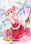  ascot bird birdcage blonde_hair bug butterfly cage card clock flandre_scarlet flower gyaza hat hat_ribbon insect looking_at_viewer mob_cap puffy_sleeves red_eyes ribbon rose shirt short_sleeves side_ponytail skirt skirt_set solo touhou vest wings yellow_flower yellow_rose 