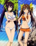  absurdres ass_visible_through_thighs bare_shoulders beach bikini blue_sky blush bracelet breast_hold breasts brown_hair cleavage day fixed green_eyes grin groin hand_on_hip hashimoto_takayoshi high_ponytail highres huang_lingyin infinite_stratos jewelry knees long_hair medium_breasts multiple_girls navel official_art outdoors ponytail purple_eyes purple_hair scan shinonono_houki sky smile split_ponytail swimsuit tankini thigh_gap thighs twintails very_long_hair white_bikini wristband 