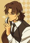  brown_eyes brown_hair fate/extra fate/extra_ccc fate_(series) finger_to_mouth kon_manatsu kotomine_kirei male_focus solo vest waistcoat waiter 