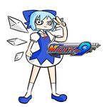  1girl blue_hair blue_skirt bow cirno hair_bow ice ice_wings mighty_no._9 parody peter_barton salute short_hair skirt solo touhou wings 