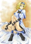  alternate_hair_length alternate_hairstyle bad_id bad_pixiv_id blonde_hair blue_eyes blue_headband breasts dress fingerless_gloves frown gloves guilty_gear headband medium_breasts millia_rage ryuga_(balius) short_dress short_hair shorts_under_dress sitting socks solo toes 