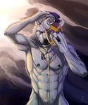  anthro biceps black_nipples black_nose blue_eyes canine chest_tuft claws flexing fur grey_fur hunk looking_at_viewer male mammal manful manly mask muscles necklace nipple_piercing nipples nude pecs piercing pose purple_eyes rrowdybeast solo standing tuft wolf 