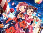  ;d arm_holding black_hair blush bow candy_apple fan festival food gleision_adain hair_bow japanese_clothes kimono kinchaku lantern love_live! love_live!_school_idol_project multiple_girls night nishikino_maki one_eye_closed open_mouth paper_fan paper_lantern pouch purple_eyes red_eyes red_hair short_hair smile summer_festival twintails uchiwa v-shaped_eyebrows yazawa_nico 